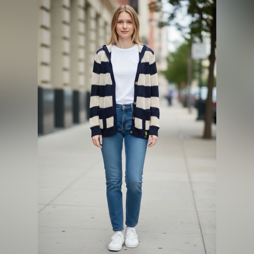 U.S. Polo Assn. Navy and Cream Striped Button Down Hoodie Women's XL Cardigan